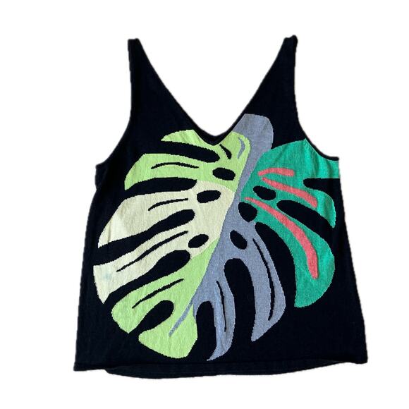Monstera leaf V neck knit sweater tank top Nic+Zoe boho chic bohemian hippie - Picture 1 of 4